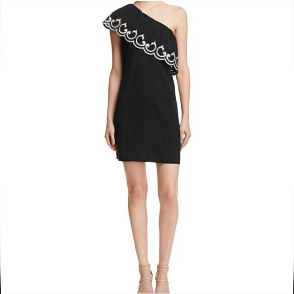 RAMY BROOK Darla Lace-Trim One-Shoulder Mini Dress Black / White Size Medium - Picture 1 of 10